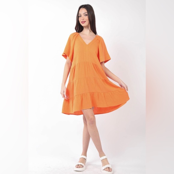 Very J Dresses & Skirts - Very J Apricot Solid Gauze Babydoll Tiered Flare Mini Dress